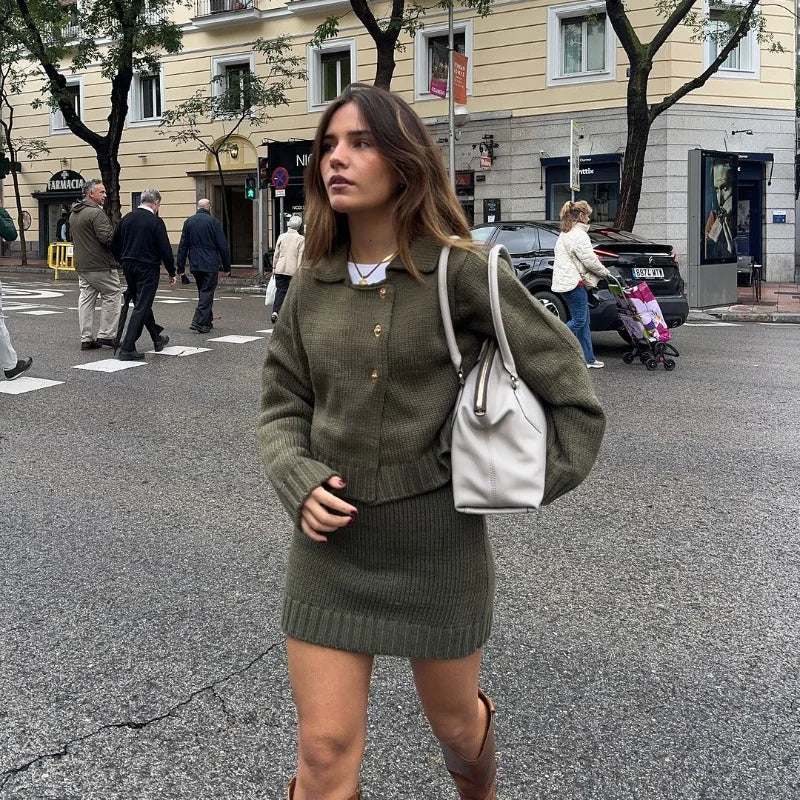 Fashion Knitted Cardigan Mini Skirt Sets Women Greenl Long Sleeve Single-breasted Sweater 2 Piece Set Lady All-matching Outfit