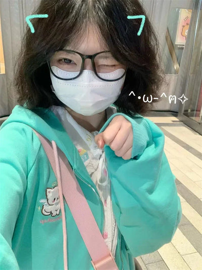 2025 Harajuku Cat Ear Kawaii Zip Up Hoodies Women Japanese Style Cute Hooded Jacket Oversized Sweet Lolita Girly Sweatshirts