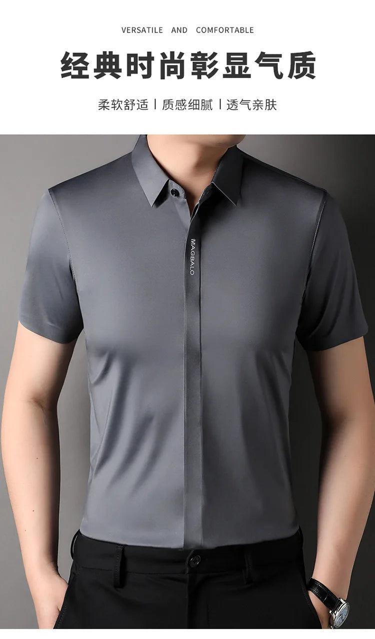 Summer New High-grade Hidden Button Men's Light Luxury Short Sleeve Shirts Men High Elastic Business Anti-wrinkle Ice Silk Shirt