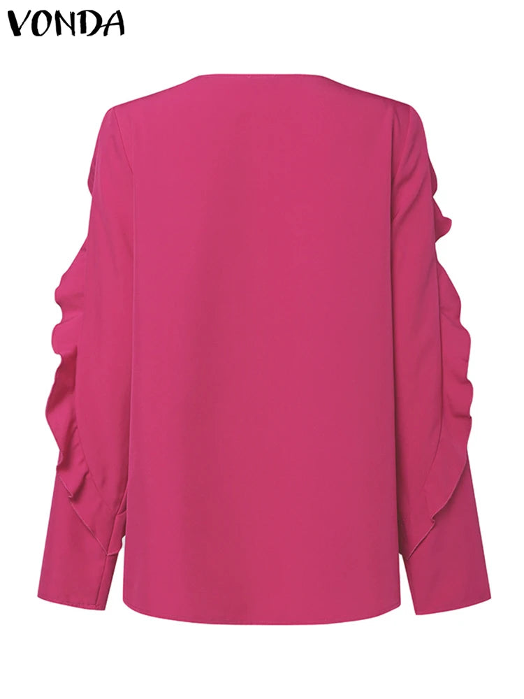 Plus Size 5XL VONDA Autumn Elegant Solid Blouse Fashion Top Women 2024 Ruffled Long Sleeve Hollow Out Casual Loose Shirts Blusas