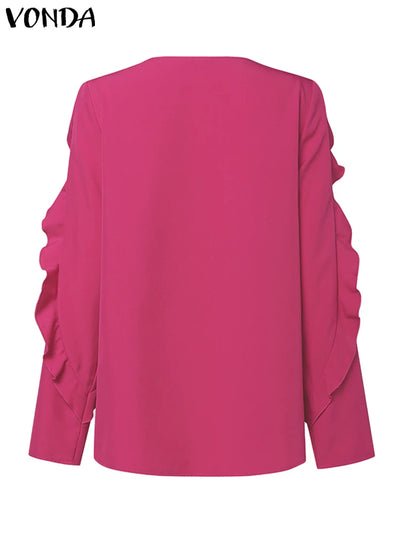 Plus Size 5XL VONDA Autumn Elegant Solid Blouse Fashion Top Women 2024 Ruffled Long Sleeve Hollow Out Casual Loose Shirts Blusas