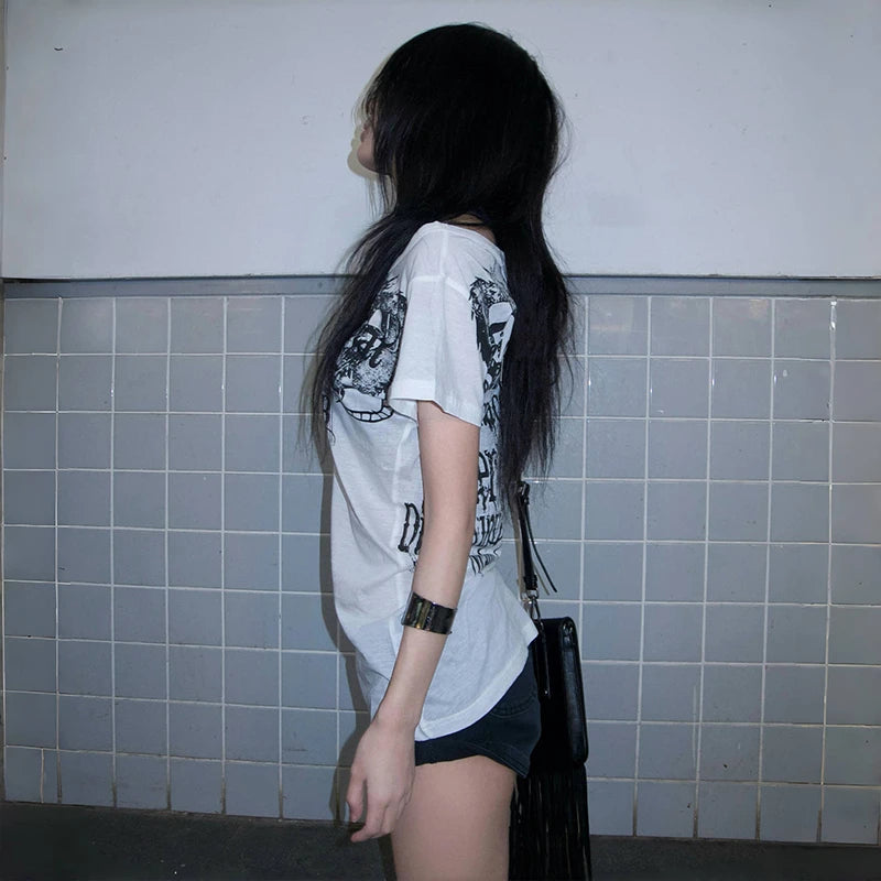 Karrram Japanese Y2k Letter Print T-shirt Trashy 2000s Style Tattoo T Shirt Vintage Harajuku Short Sleeve Sheer Tops Grunge Goth
