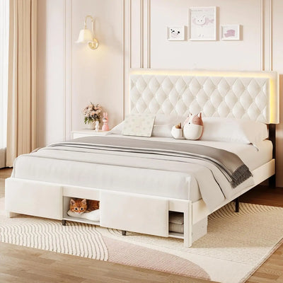 Queen Size Bed Frame with Storage, LED Bed Frame Queen with Adjustable Headboard, Upholstered Velvet Platform Queen Bed Frames