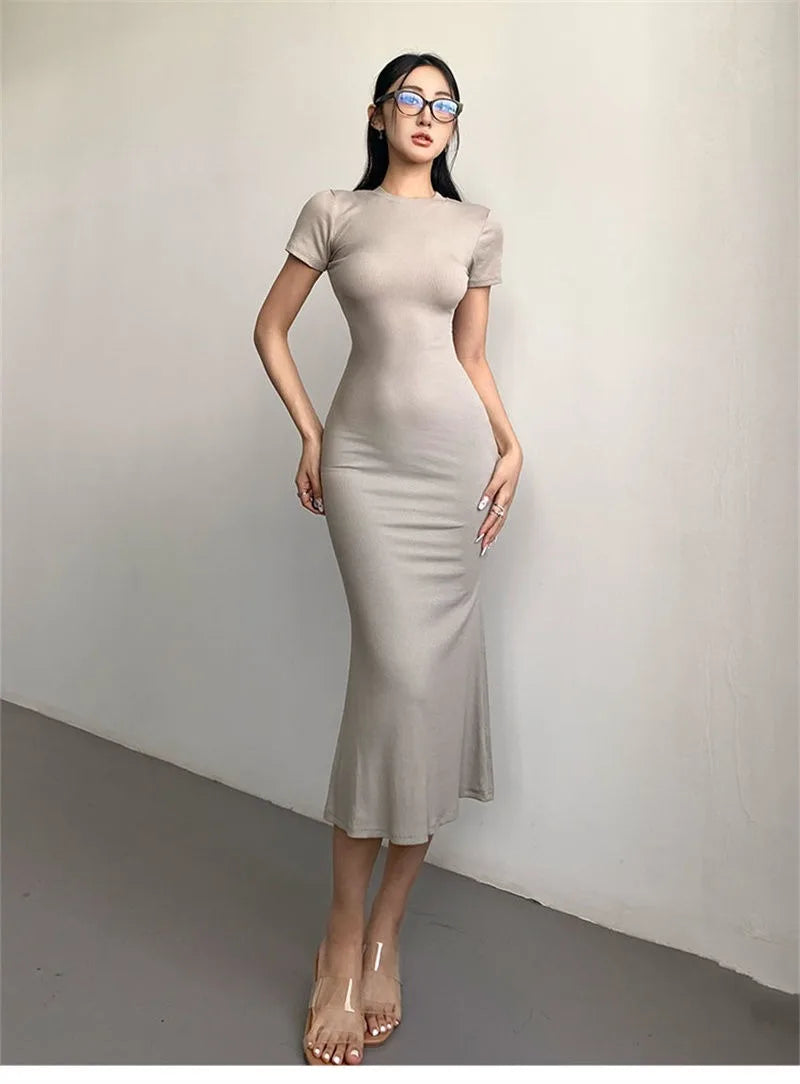 Women's Sexy Slim Fishtail Dresses Temperament Long Dress Short-sleeved Pure Desire To Show Figure Tight Beautiful Hip Skirt