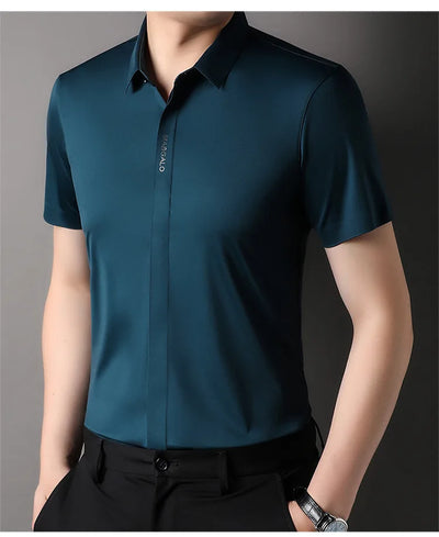 Summer New High-grade Hidden Button Men's Light Luxury Short Sleeve Shirts Men High Elastic Business Anti-wrinkle Ice Silk Shirt