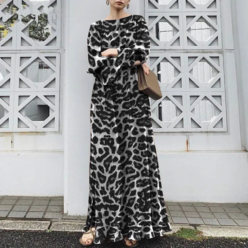 2025 Fashion Leopard Printing Maxi Dress Women's Spring Sundress Elegant Casual Long Sleeve Vintage Long Dresses Vestidos Female