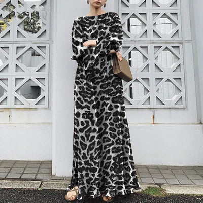 2025 Fashion Leopard Printing Maxi Dress Women's Spring Sundress Elegant Casual Long Sleeve Vintage Long Dresses Vestidos Female
