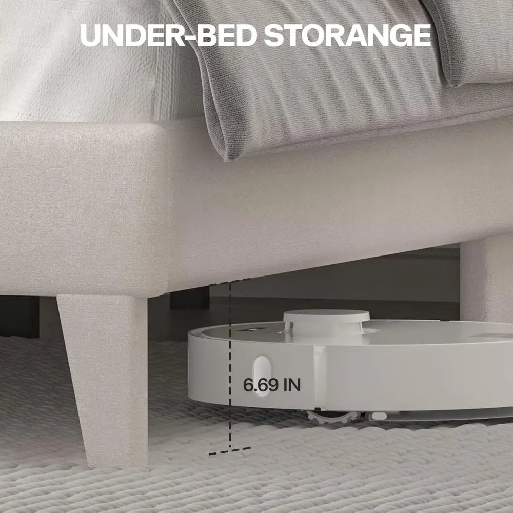 Queen Size Bed Frame with LED Lights, Upholstered Bed Frame with Wingback Diamond Tufted Headboard, Wood Slats Support
