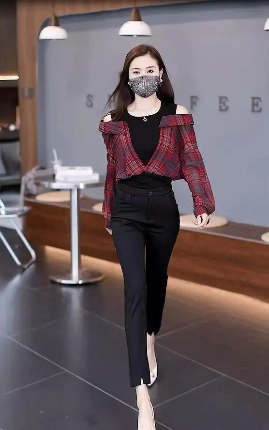 Fake Two Pieces Chiffon Silk Blouse for Women Off Shoulder Top Cool Blue Stripe Cotton Satin Shirt Woman Particular Trends Youth