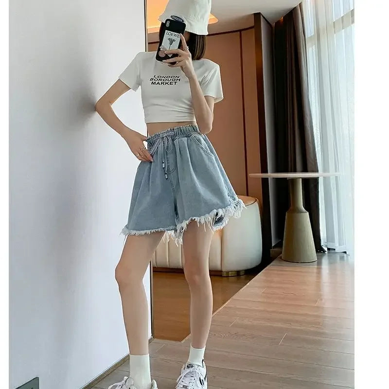 Korean Simplicity High Waist Wide Leg Denim Shorts Fashion Women's Clothing Summer Female All-match Loose Drawstring Shorts