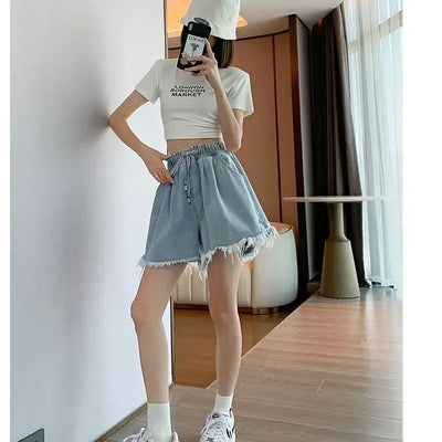 Korean Simplicity High Waist Wide Leg Denim Shorts Fashion Women's Clothing Summer Female All-match Loose Drawstring Shorts