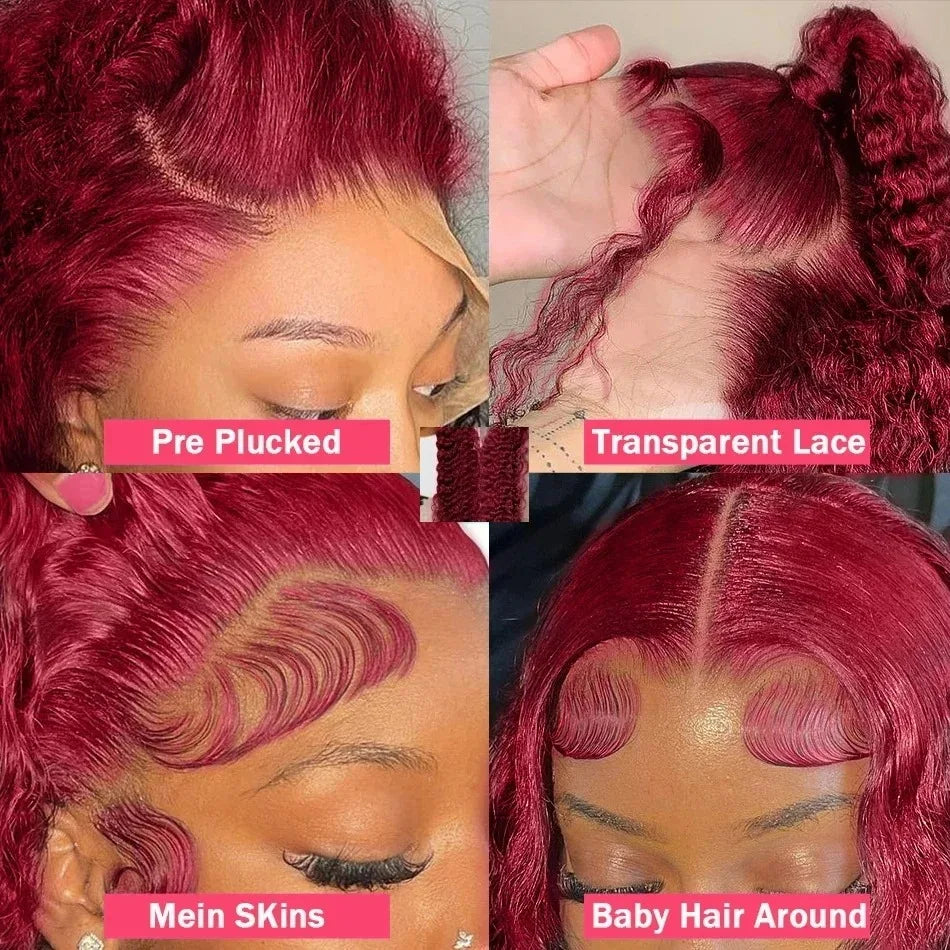 Curly 99J Burgundy 30 Inch Deep Wave 13x4 Lace Front Wig Wet And Wavy Red Colored wigs HD Lace Frontal 100% Human Hair Wigs