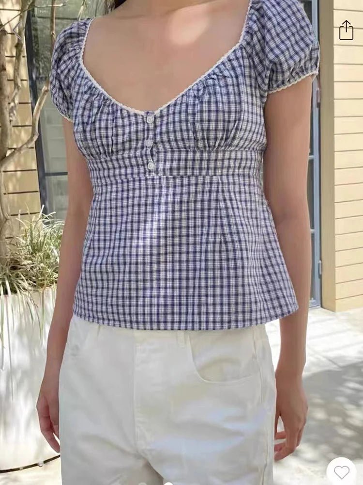 Lace Three-button Plaid Puff Sleeve Short Sleeve T-shirt Women's Summer Sweet Preppy Style Slim Shirt V-neck Short Tops Y2k
