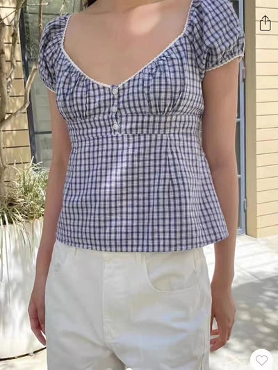 Lace Three-button Plaid Puff Sleeve Short Sleeve T-shirt Women's Summer Sweet Preppy Style Slim Shirt V-neck Short Tops Y2k