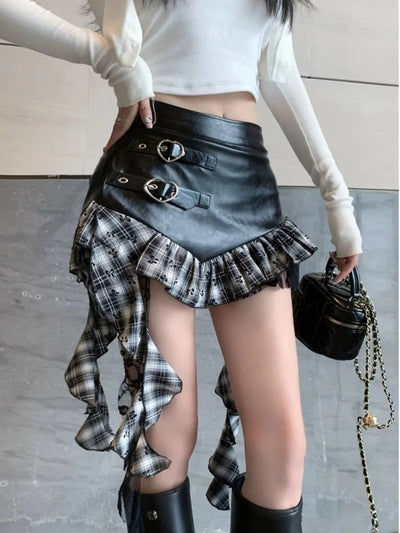 Faux Leather Mini Skirt with Plaid Ruffle Lace Trim Heart-Shape Buckle Asymmetrical Miniskirt Teen-girl e-girl Y2k Grunge Outfit