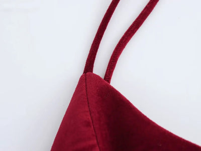TRAFZA-Women Sexy Velvet Mini Dress Thin Strap Backless Burgundy Dress New 2025 Fashion Date Romantic Party Dress