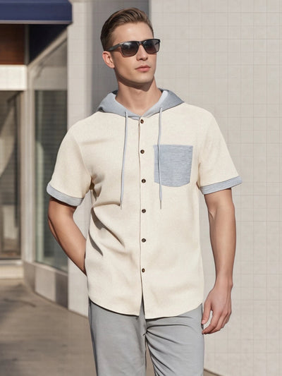 Men s Patchwork Drawstring Hooded Button Down Short Sleeve Waffle Hoodies T-Shirts Casual Tops for Summer Fashion Style