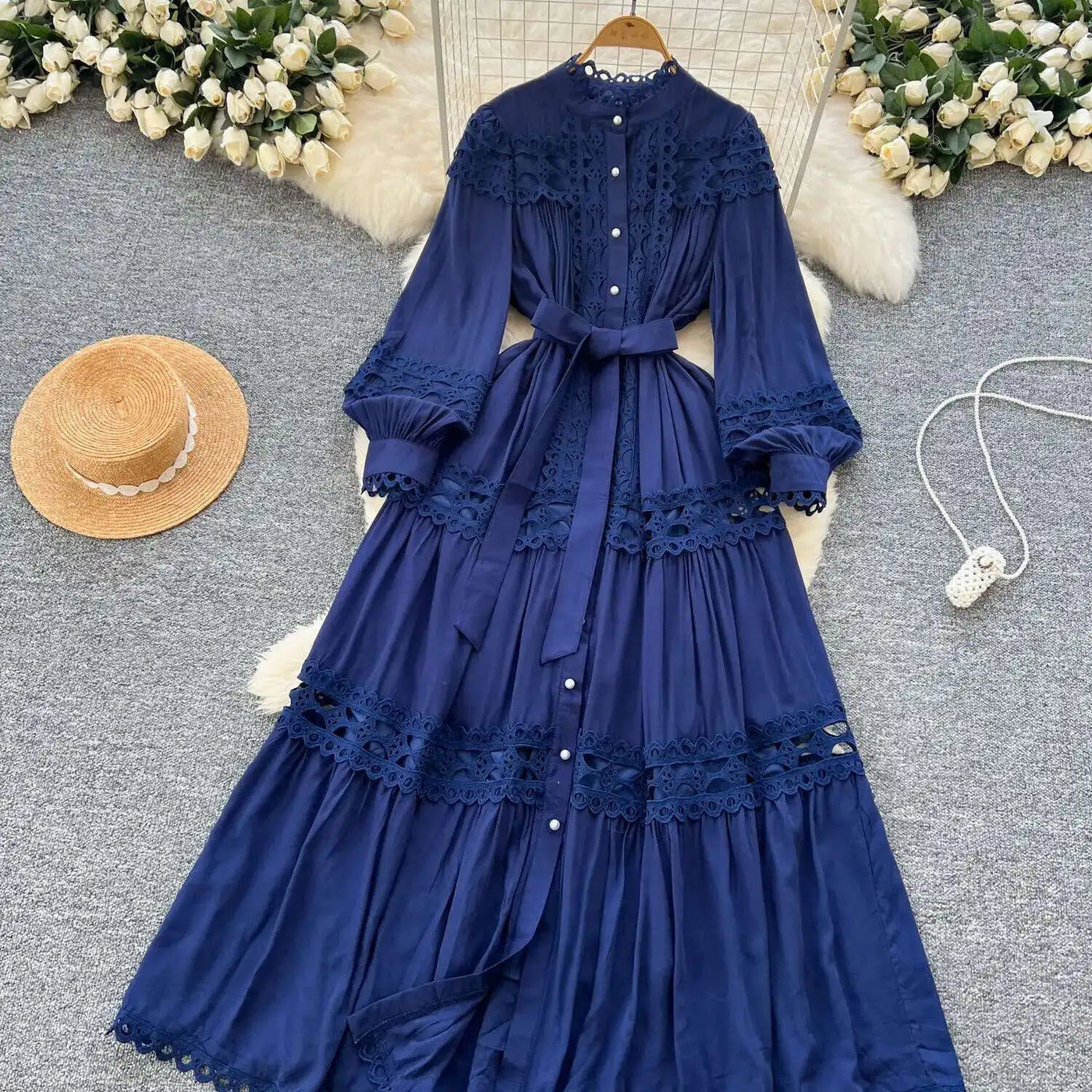 Elegant Long Maxi Hollow Out Dress Shirt Women Summer Autumn Palace Retro Pearl Button Embroidery Crochet Evening Party Vestidos