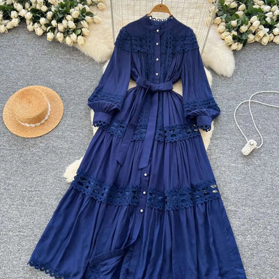 Elegant Long Maxi Hollow Out Dress Shirt Women Summer Autumn Palace Retro Pearl Button Embroidery Crochet Evening Party Vestidos