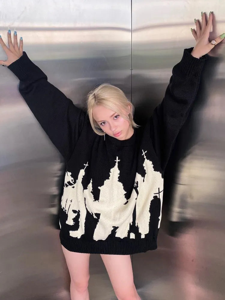 Hip Hop Men Women Streetwear Vintage Harajuku Knitted Sweater winter Pullover Loose Retro y2k gothic sweater top Halloween EMO