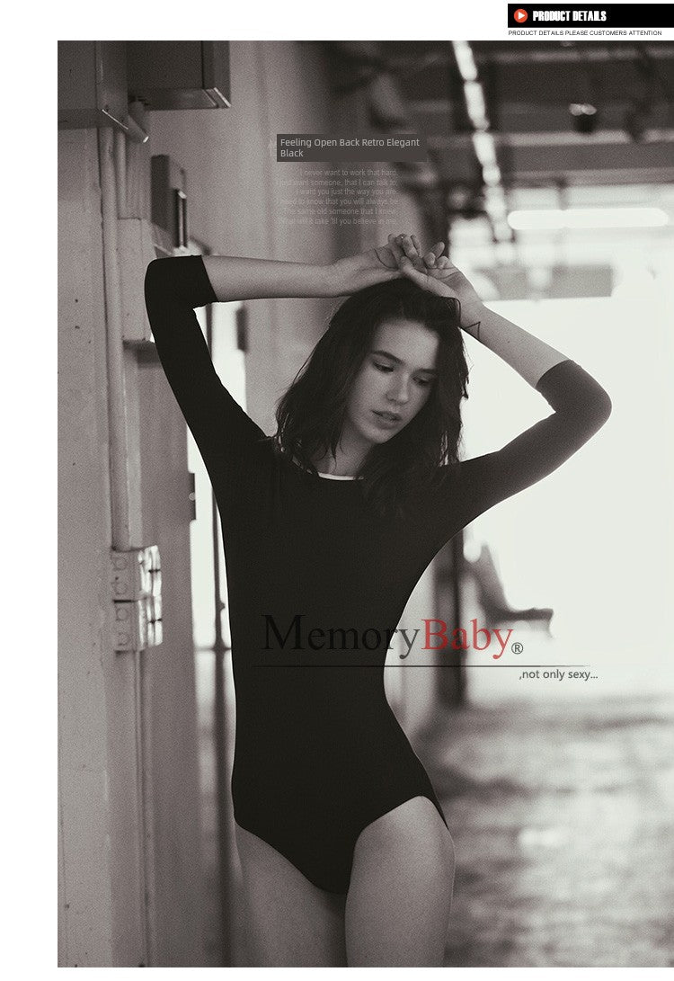 Memorybaby Holiday New Retro Elegant Conservative Cover Belly Thin Stunning Open Back Long-Sleeved One-Piece Swimsuit