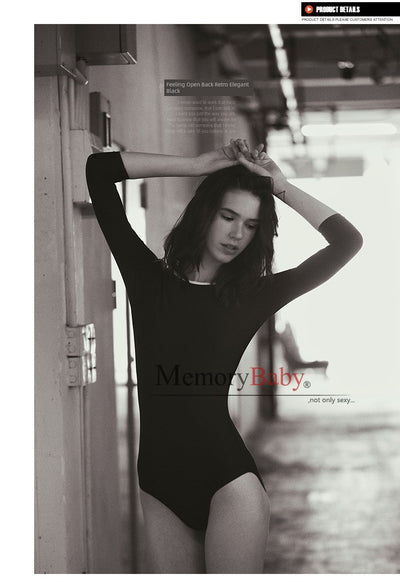 Memorybaby Holiday New Retro Elegant Conservative Cover Belly Thin Stunning Open Back Long-Sleeved One-Piece Swimsuit