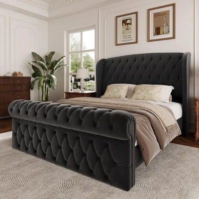 Platform Bed Frame, Chenille Upholstered Sleigh Bed with Scroll Wingback Headboard & Footboard, 52" Tall Headboard
