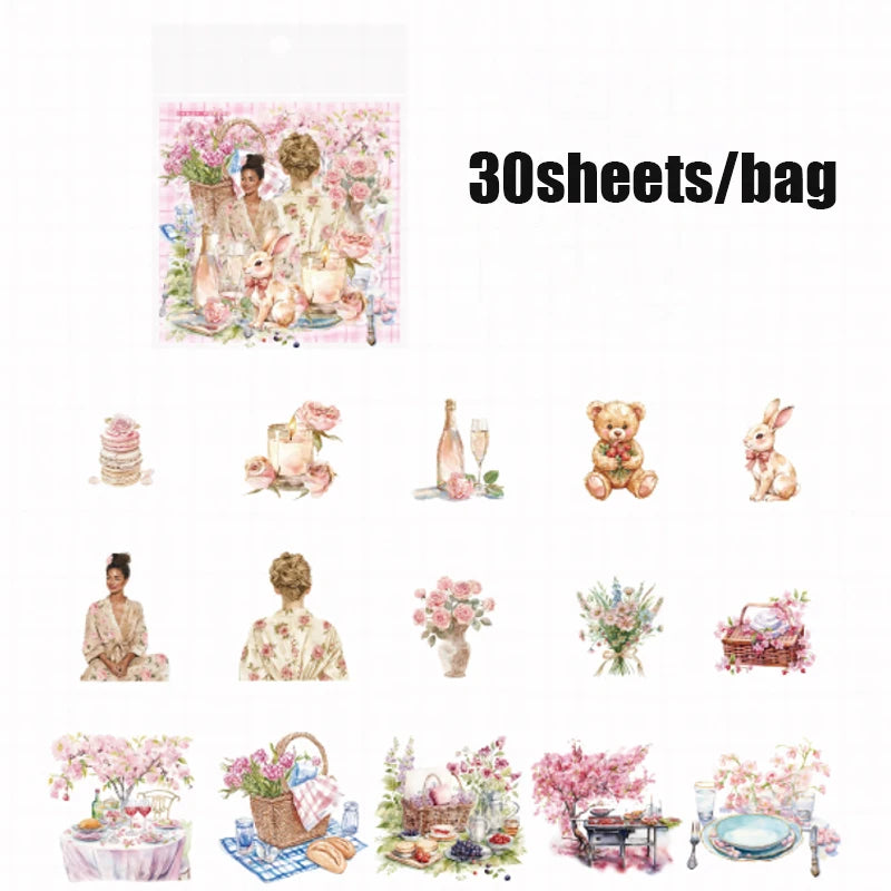30 Sheets/Pack Cute Girls Daily Life Stickers for Journal Scrapbooking DIY Notebook Decoration Office School Stationery Craft