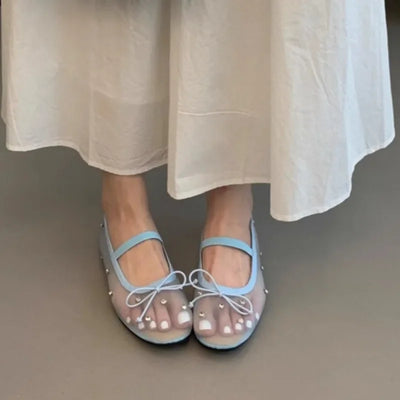 Fashion Women's Shoes 2025 Design Rhinestone Mesh Breathable Shallow Mouth Single Shoes Flat Ballet Elegant Bow Zapatos Mujer