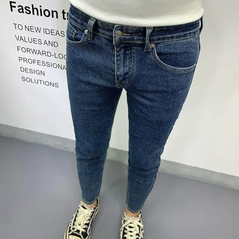 New Men's Slim Denim Jeans Casual Spring and Autumn Stretchy Skinny Pants Korean Style Trendy Cowboy Hip Hop Cropped Trousers