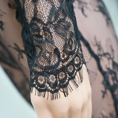 DSMTRC Long Sleeve One Pieces Wide Leg Jumpsuit Women Summer Clothes Fashion Black Lace Perspective Sexy Night Club Outfits