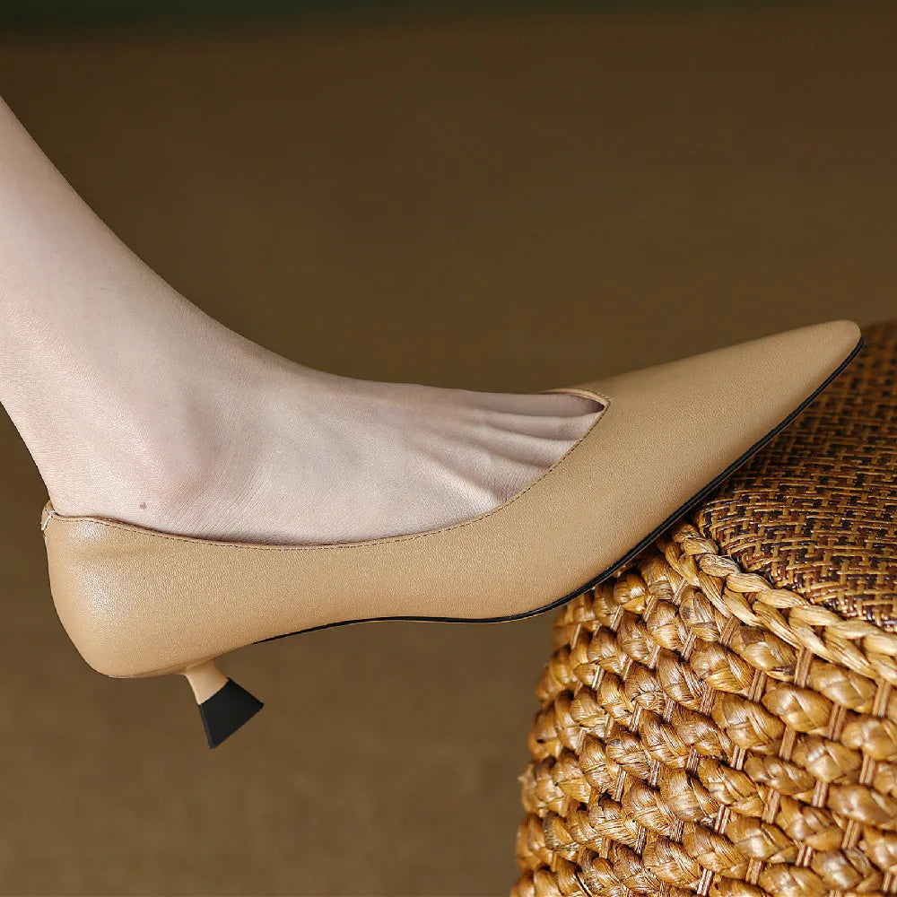plus size 34-42 women's genuine leather 4.5cm kitten heel pointed toe slip-on pumps elegant ladies low heeled shoes