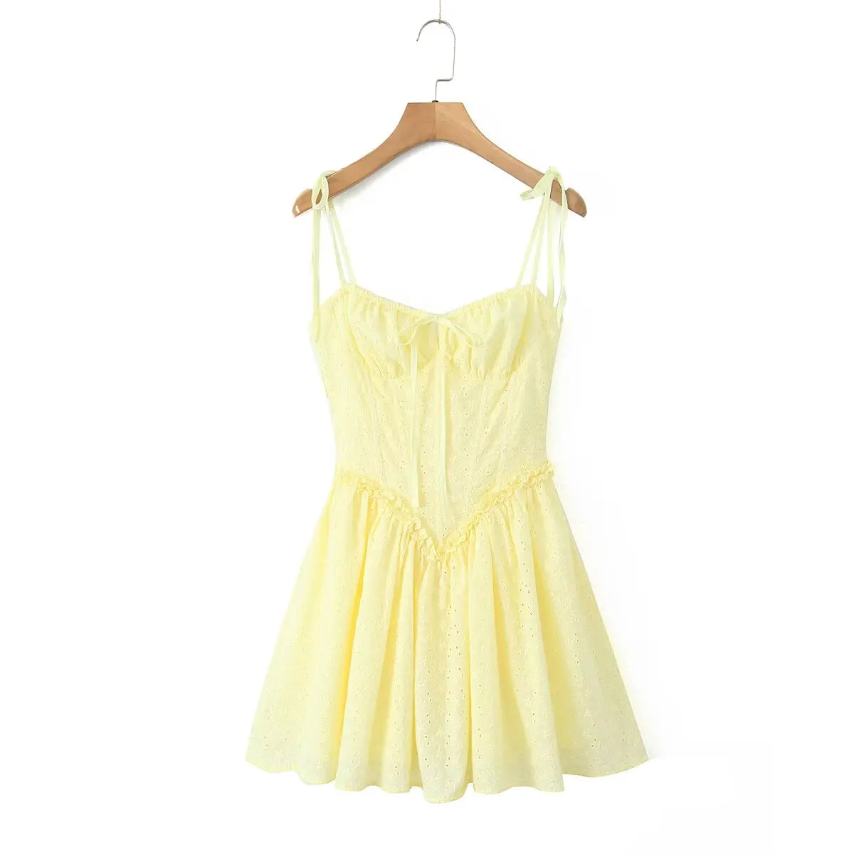 2024 Sexy Yellow Hollow out Embroidery Lace Cotton Corset Style Bow Sling Dress Women Low Waist Ball Gown Swing Mini Party Robe