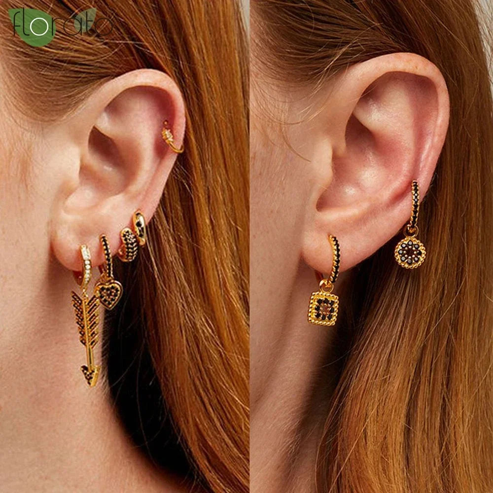 925 Sterling Silver Needle Fashion Round Pendant Small Earrings Luxury Gold Hoop Earrings for Women Premium Black Jewelry Gifts
