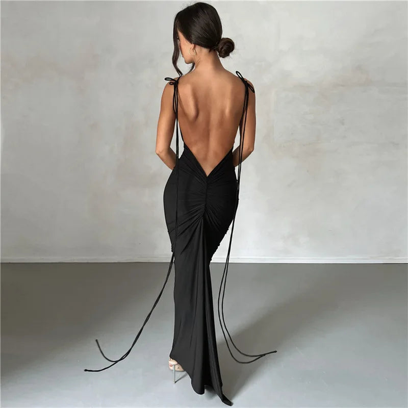 Summer sexy pleated solid color strap with perspective high slit backless sleeveless long skirt