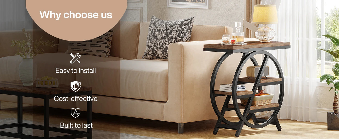 End Table for Living Room, 3-Tier Narrow Side Table with Storage, Wood Sofa Side Table with Geometric Metal Frame for Bedroom