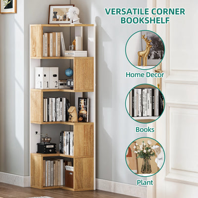 Wooden 5-Tier Corner Bookcase - Floor Standing Display Shelf for Living Room Office, 54x40x159.5cm