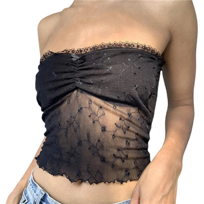 Xingqing y2k Off Shoulder Top Women Fairy Grunge Clothes Summer Sleeveless Lace Trim Patchwork Strapless Tshirt 2000s Streetwear
