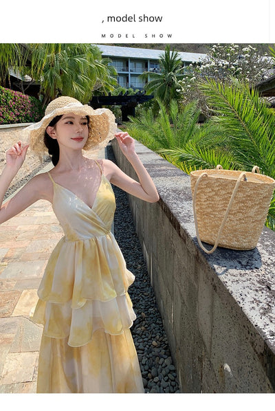 Nipped-Waist New French Seaside Sling Holiday Dress Travel Elegant Cake Dress Summer Beach Dress Female Yellow