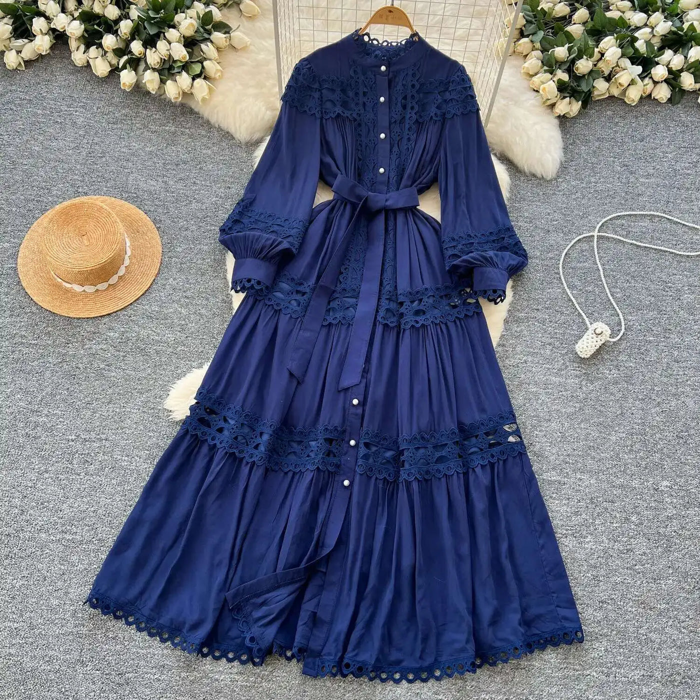 Elegant Long Maxi Hollow Out Dress Shirt Women Summer Autumn Palace Retro Pearl Button Embroidery Crochet Evening Party Vestidos