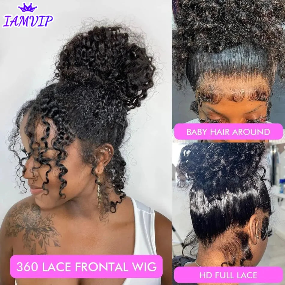 Water Wave 250% Density Invisi Strap 360 Full Lace Frontal Wig 30 inch Black Human Hair Drawstring Snug Kinky Curly Preplucked