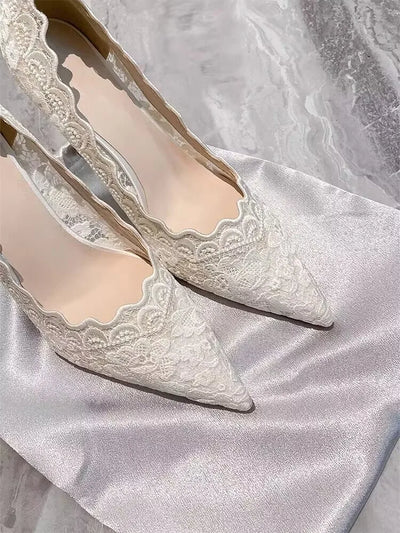 White Wedding Shoes Bridal Shoes Design Sense Niche Lace Pointed Stiletto Heel Shallow French High Heels Female Temperament