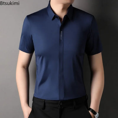 Summer New High-grade Hidden Button Men's Light Luxury Short Sleeve Shirts Men High Elastic Business Anti-wrinkle Ice Silk Shirt