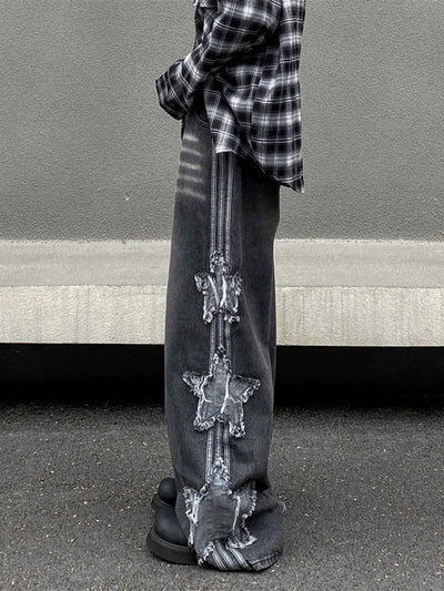 2024 Ropa Y2K Streetwear Star Patch Embroidery Baggy Stacked Jeans Pants For Men Clothes Wide Leg Old Straight Denim Trousers