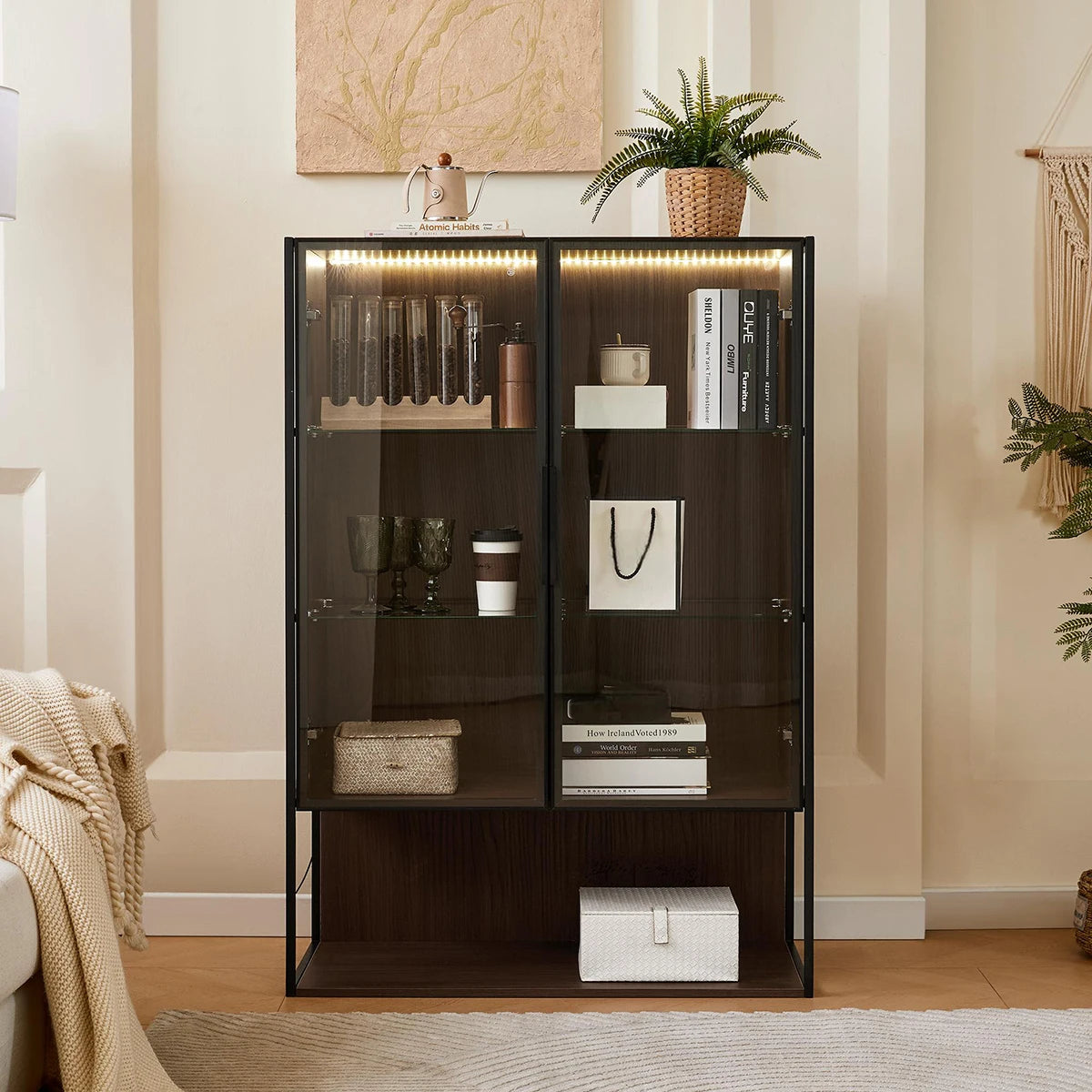 130cm Tall Lighted Display Cabinet, LED Curio Cabinet With Metal Frame And Tempered Glass Door For Living Room Home Office Study