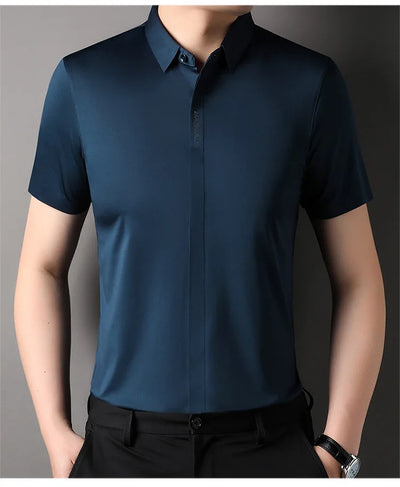 Summer New High-grade Hidden Button Men's Light Luxury Short Sleeve Shirts Men High Elastic Business Anti-wrinkle Ice Silk Shirt