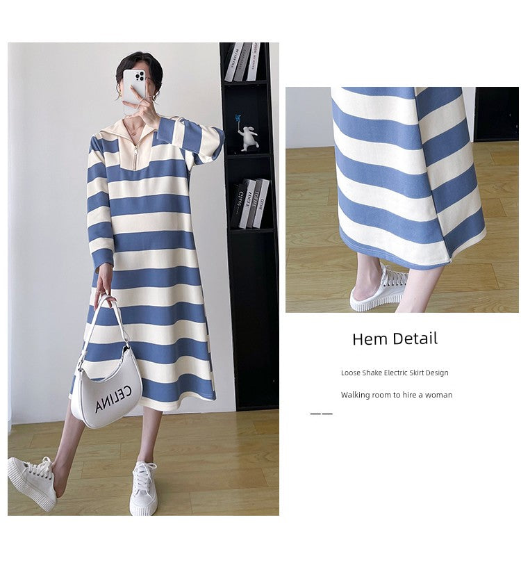 2025 Spring Clothing New Arrival K-style Plus Size Maternity Stripes Dress Fashionable Mom Pullover Sweatshirt Lapel Long Skirt