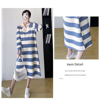 2025 Spring Clothing New Arrival K-style Plus Size Maternity Stripes Dress Fashionable Mom Pullover Sweatshirt Lapel Long Skirt