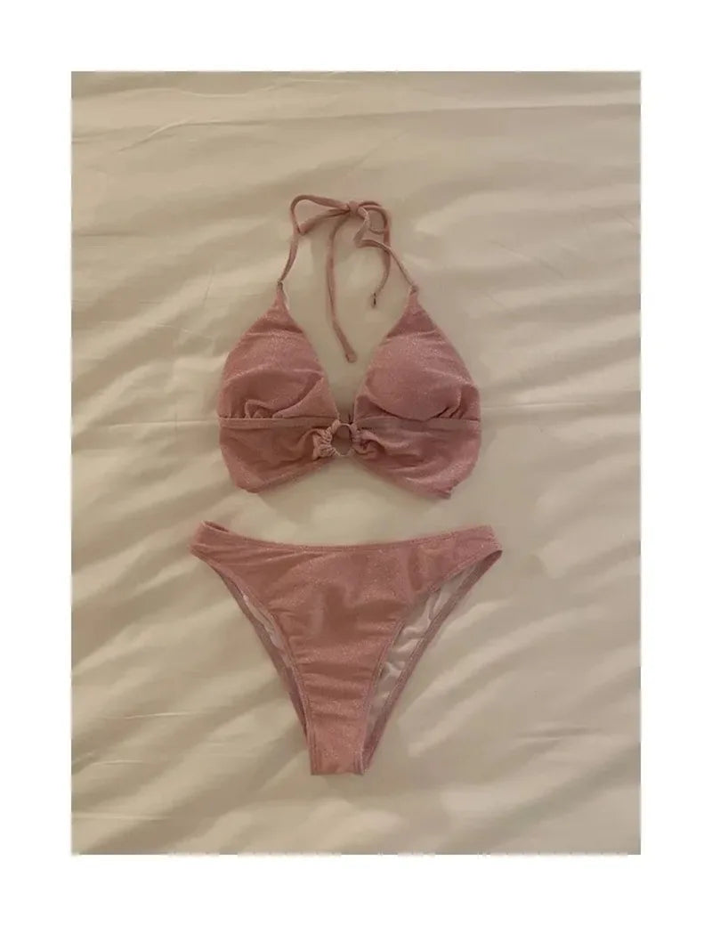 Swimsuit women's split three-piece set pure desire hot spring solid color sexy Korean small chest strap seaside vacation bikini