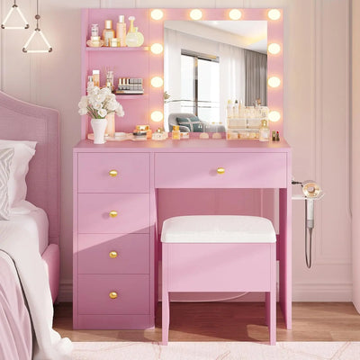 Vanity Desk with Mirror and Lights,Small Makeup Vanity Table with 5 Drawers, Dressing Table for Women Girls Bedroom
